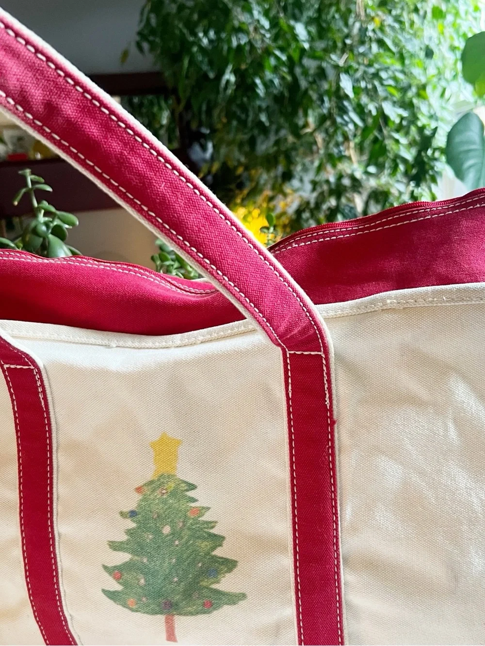 Lands End X-Large Christmas Tree Canvas Tote Cream & Red